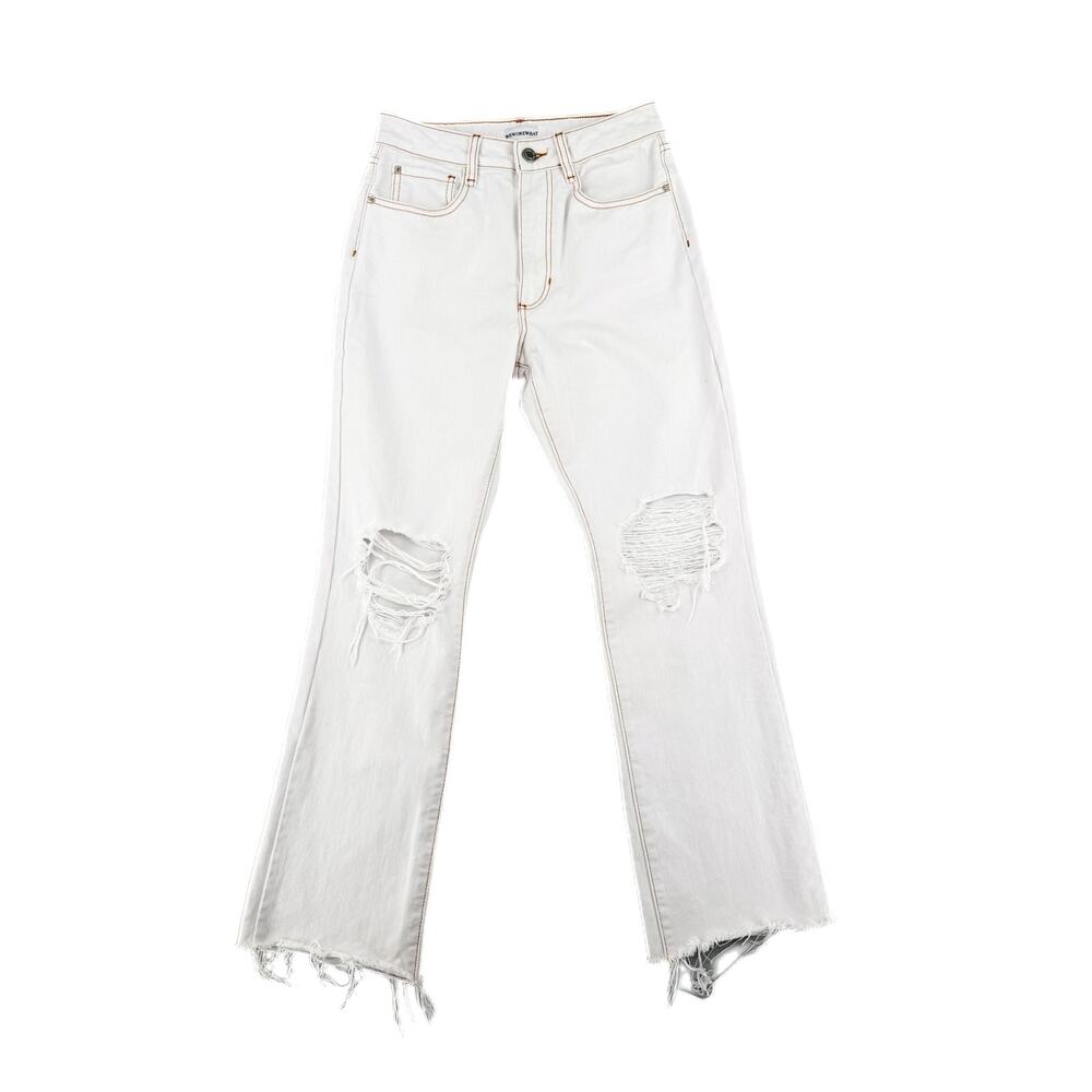 We Wore What Icon White Denim Straight Distressed Contrast Stitch High Jeans